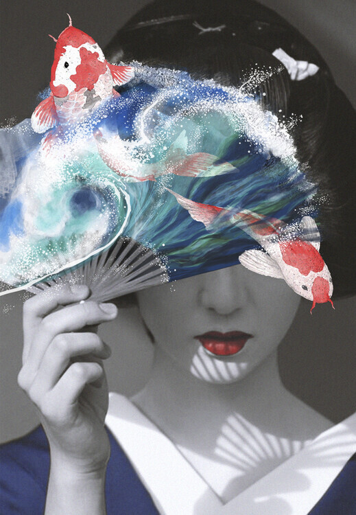 Paste in Place Plakát, Obraz - Geisha Koi Fan Dream, Paste in Place, 26.7 × 40 cm