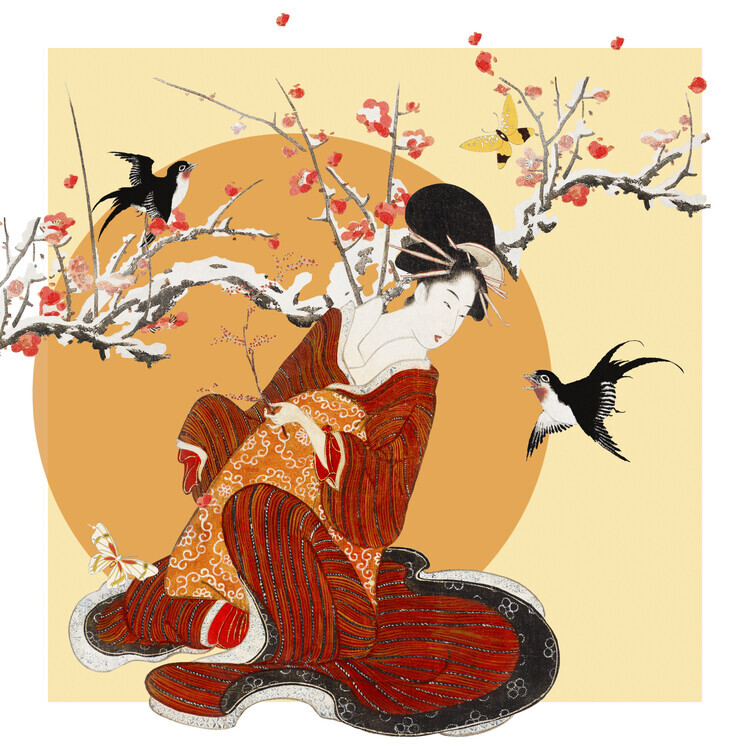 Marja van den Hurk Plakát, Obraz - Geisha Plum Blossoms Swallows, Marja van den Hurk, 40 × 40 cm