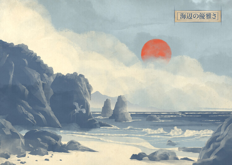 Fadil Roze Plakát, Obraz - Serene Coastal Red Sun, Fadil Roze, 40 × 30 cm