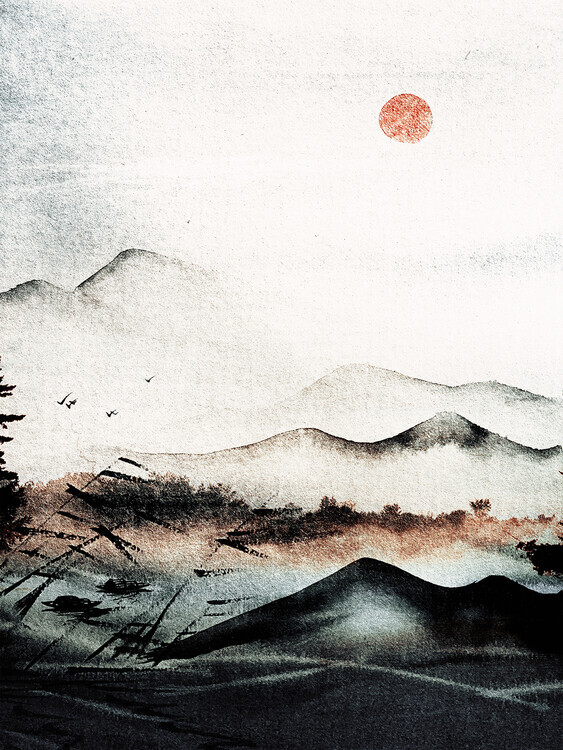 Treechild Plakát, Obraz - Misty Sunrise Peaks, Treechild, 30 × 40 cm