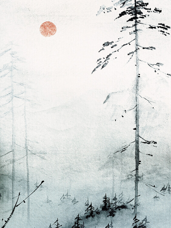 Treechild Plakát, Obraz - Serene Misty Pines, Treechild, 30 × 40 cm