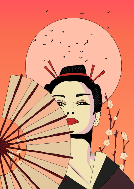 Nicholas Plakát, Obraz - Japanese Geisha with Fan, Nicholas, 30 × 40 cm