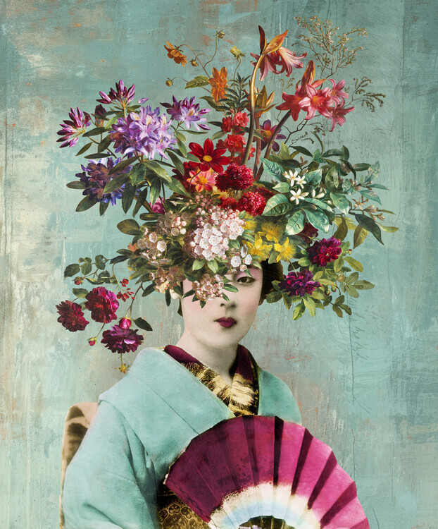 Marja van den Hurk Plakát, Obraz - Floral Geisha Portrait, Marja van den Hurk, 33.2 × 40 cm