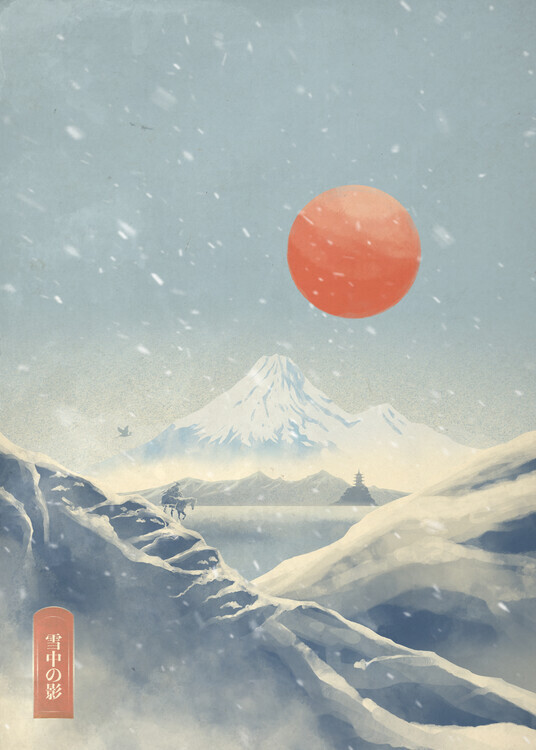 Fadil Roze Plakát, Obraz - Snowy Mountain Red Sun, Fadil Roze, 30 × 40 cm