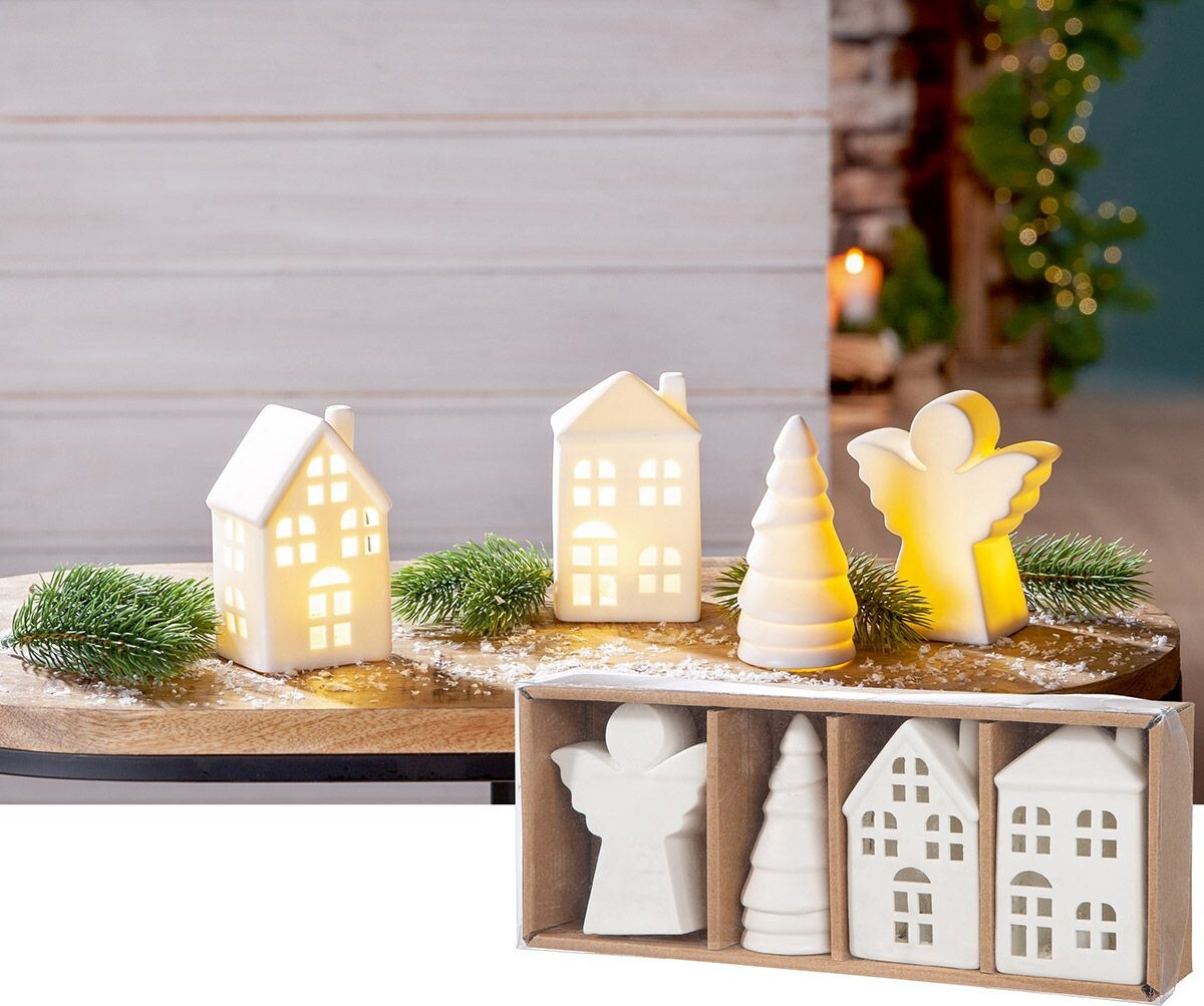 Gilde LED dekorace sada domečky anděl stromek, 11 cm