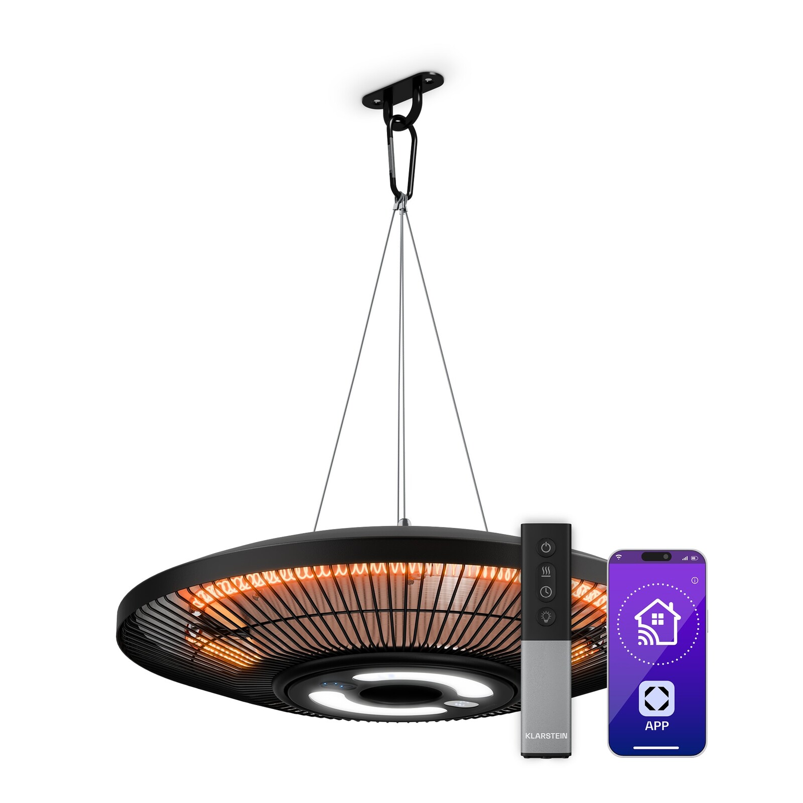 Klarstein LumiHeat infračervený stropní ohřívač | 2000 W | 15 m² | LED světlo | 42 cm x 42 cm