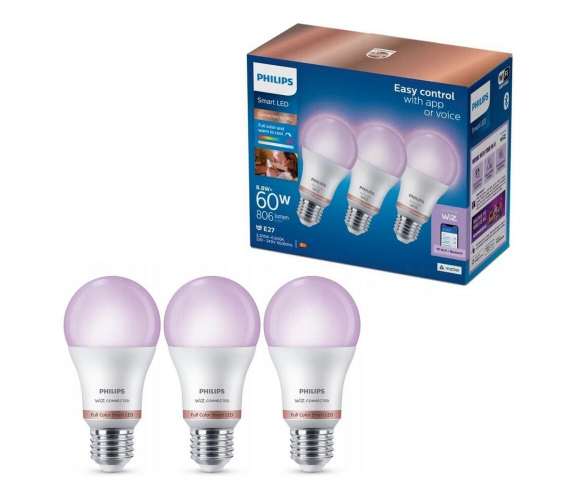 SADA 3x LED RGB Stmívatelná žárovka Philips SMART A60 E27/8,8W/230V 2200-6500K 8720169204423
