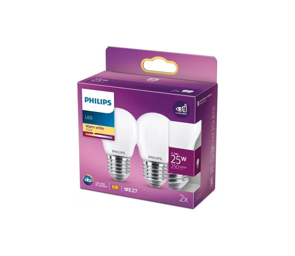 SADA 2x LED Žárovka Philips P45 E27/2,2W/230V 2700K 8718699782115