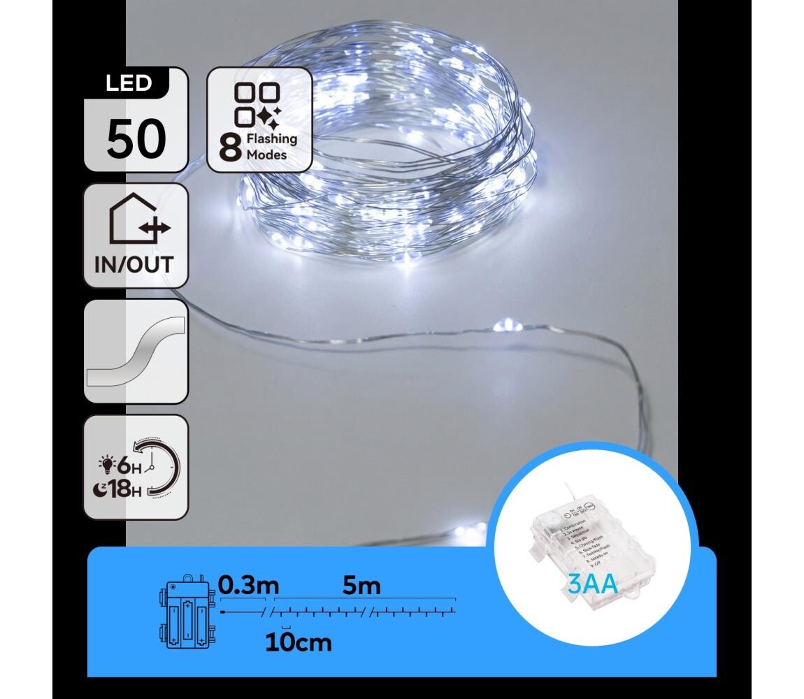 B.V.  - LED řetěz 50xLED/3xAA 5,3m studená bílá B10303K1C
