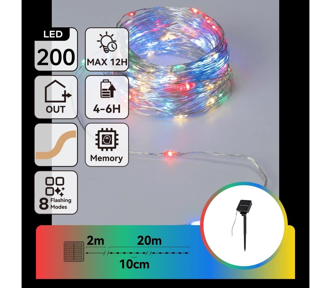 B.V.  - LED Solární řetěz 200xLED/8 funkcí 22m IP65 multicolor 800 mAh B10201ACSI