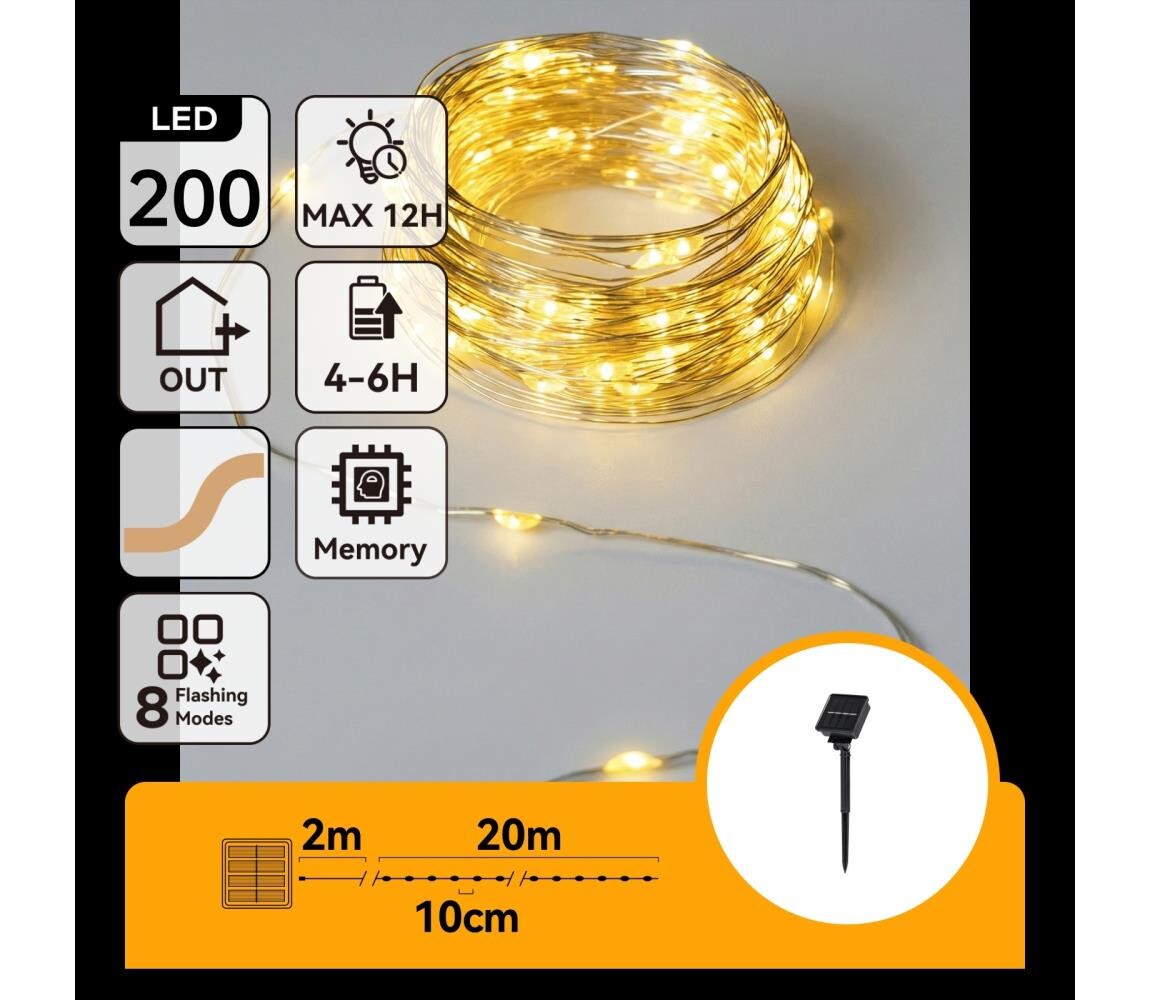 B.V.  - LED Solární řetěz 200xLED/8 funkcí 22m IP65 teplá bílá 800 mAh B10201ACSK
