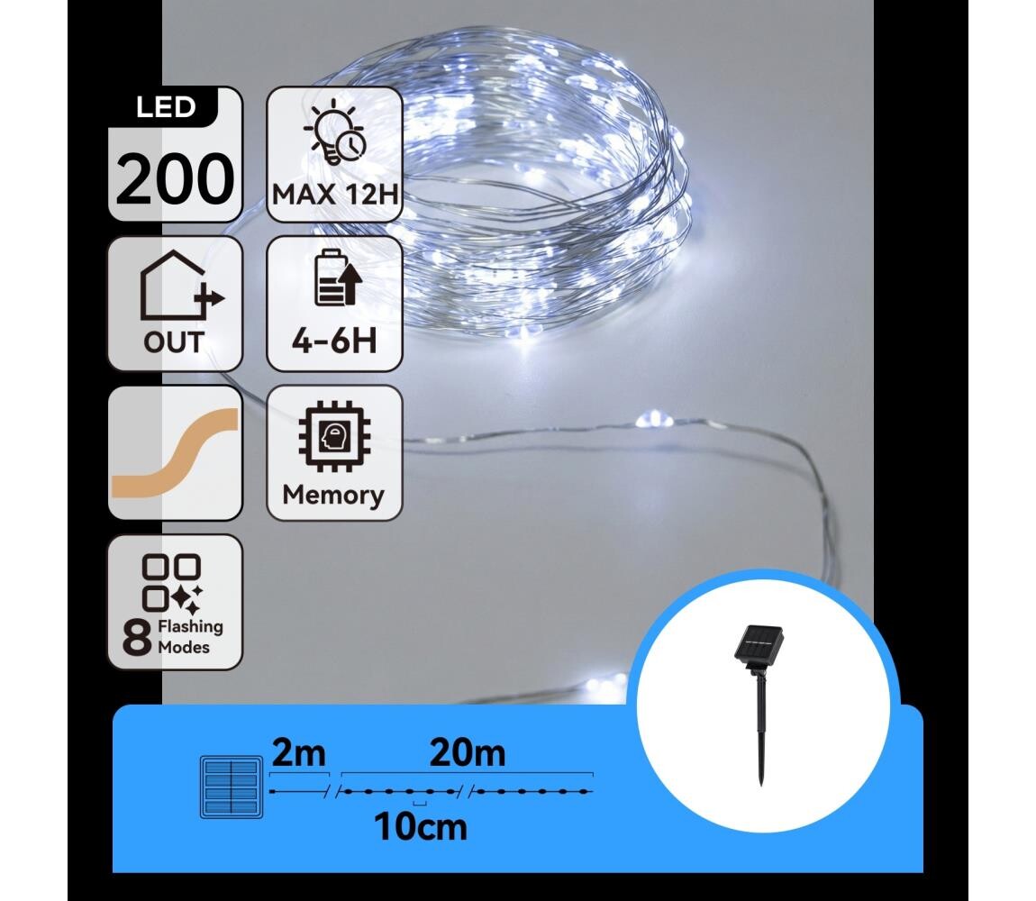 B.V.  - LED Solární řetěz 200xLED/8 funkcí 22m IP65 studená bílá 800 mAh B10201ACSJ