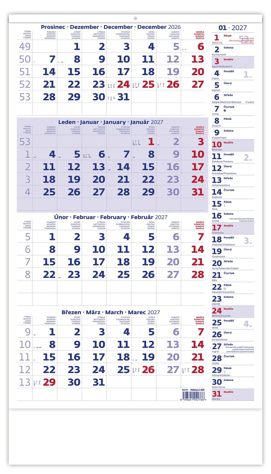 Čtyřměsíční kalendář 2026 - poznámkový, modrý