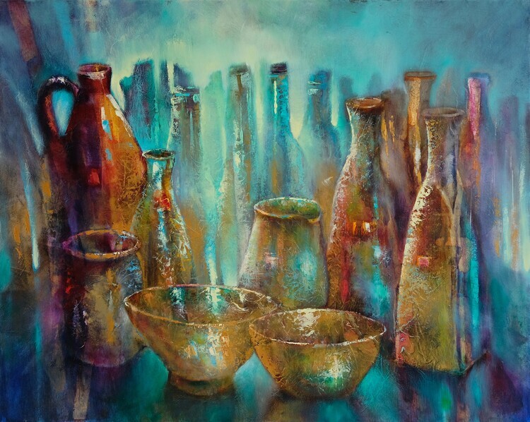 Annette Schmucker Plakát, Obraz - Sstill life with two golden bowls, Annette Schmucker, 40 × 30 cm