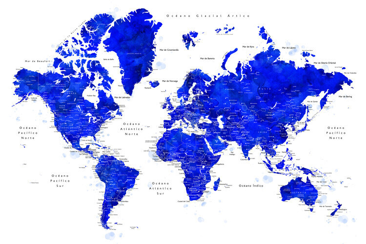 Blursbyai Plakát, Obraz - World map with labels in Spanish, cobalt blue watercolor, Blursbyai, 40 × 26.7 cm