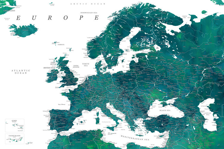 Blursbyai Plakát, Obraz - Teal detailed map of Europe in watercolor, Blursbyai, 40 × 26.7 cm