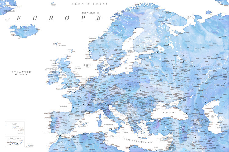 Blursbyai Plakát, Obraz - Detailed map of Europe in shades of blue watercolor, Blursbyai, 40 × 26.7 cm