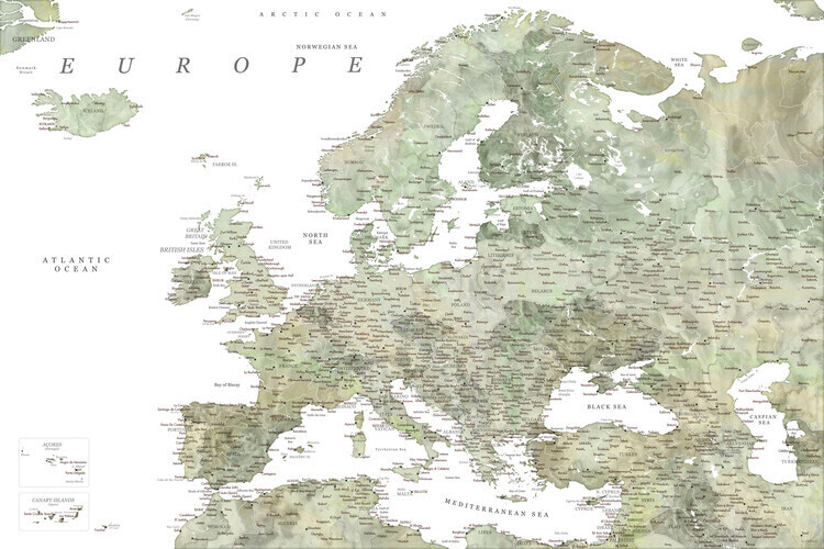 Blursbyai Plakát, Obraz - Detailed map of Europe in green watercolor, Blursbyai, 40 × 26.7 cm