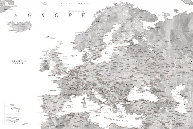 Blursbyai Plakát, Obraz - Detailed map of Europe in gray watercolor, Blursbyai, 40 × 26.7 cm
