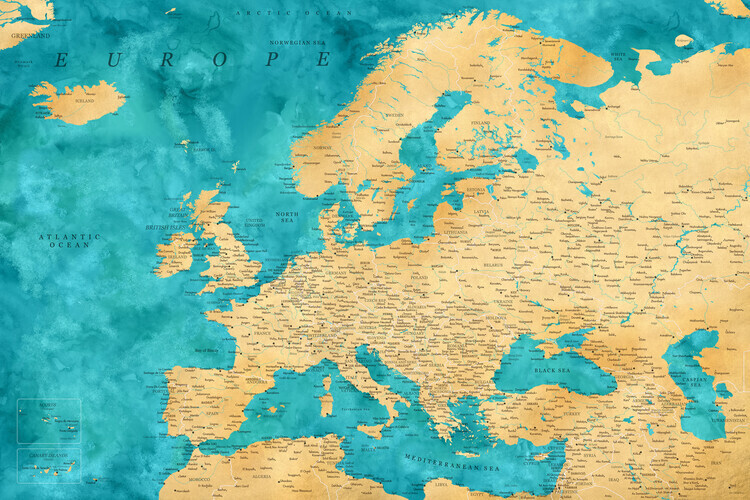 Blursbyai Plakát, Obraz - Detailed map of Europe in gold and teal watercolor, Blursbyai, 40 × 26.7 cm
