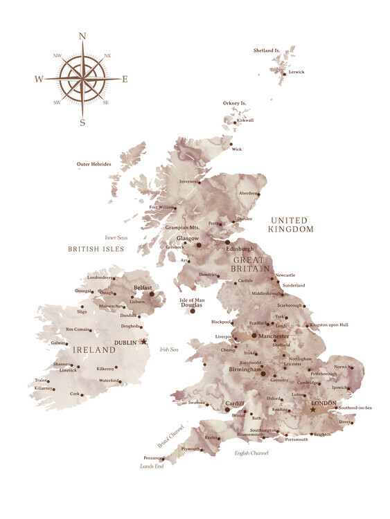 Blursbyai Plakát, Obraz - Brown watercolor map of the British Islands, Blursbyai, 30 × 40 cm