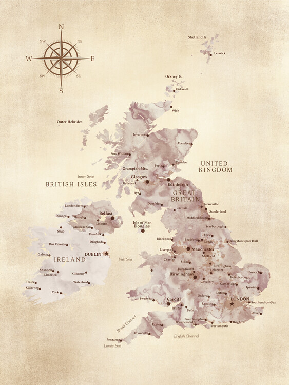 Blursbyai Plakát, Obraz - Sepia distressed map of the British Islands, Blursbyai, 30 × 40 cm