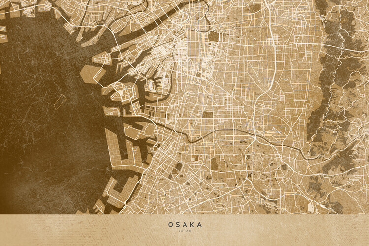 Blursbyai Plakát, Obraz - Map of Osaka, Japan, in sepia vintage style, Blursbyai, 40 × 26.7 cm