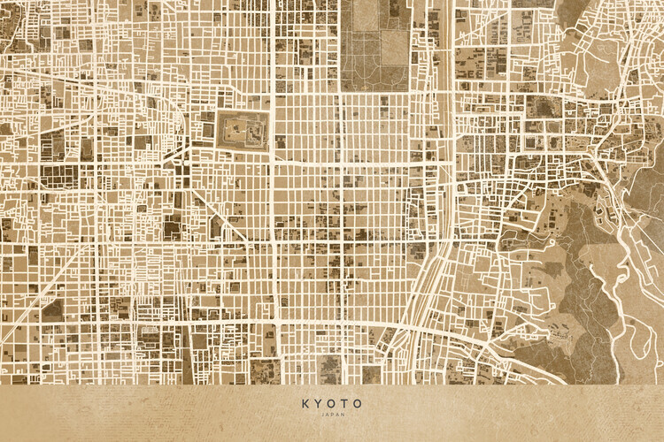 Blursbyai Plakát, Obraz - Map of Kyoto, Japan, in sepia vintage style, Blursbyai, 40 × 26.7 cm