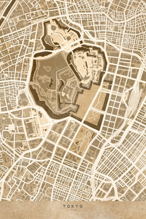 Blursbyai Plakát, Obraz - Map of Tokyo, Japan, in sepia vintage style, Blursbyai, 26.7 × 40 cm