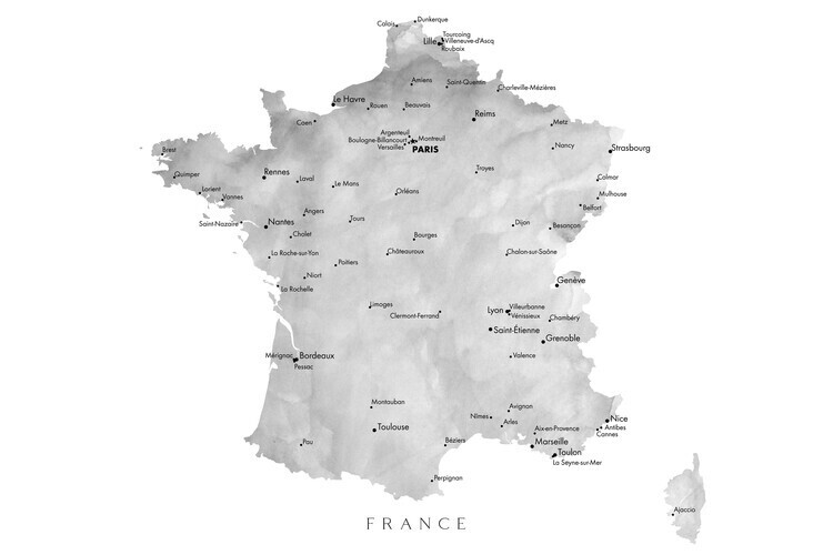 Blursbyai Plakát, Obraz - Map of France in gray watercolor, Blursbyai, 40 × 26.7 cm
