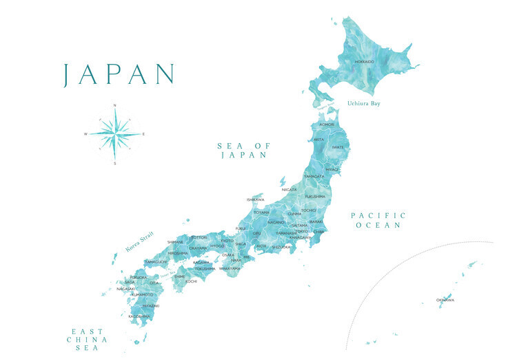 Blursbyai Plakát, Obraz - Map of Japan in aquamarine watercolor, Blursbyai, 40 × 26.7 cm