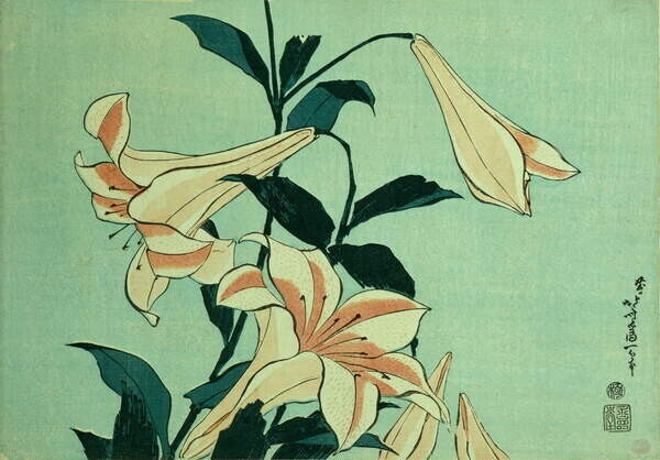 Hokusai, Katsushika Plakát, Obraz - Trumpet Lilies, Hokusai, Katsushika, 40 × 26.7 cm