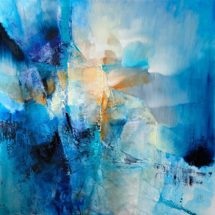 Annette Schmucker Plakát, Obraz - spring is knocking - composition in blue and orange, Annette Schmucker, 40 × 40 cm