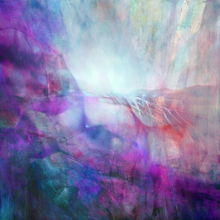 Annette Schmucker Plakát, Obraz - drifting - composition in purple and turquoise, Annette Schmucker, 40 × 40 cm