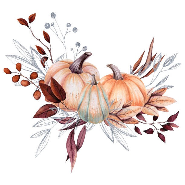Nebula Cordata Plakát, Obraz - Watercolor Bouquet with Pumpkins and Silver Leaves, Nebula Cordata, 40 × 40 cm