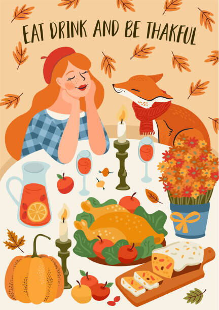Nadezda_Grapes Plakát, Obraz - Happy Thanksgiving illustration. Cute lady with fox at festive table. Vector design for card, poster, flyer, web and other, Nadezda_Grapes, 30 × 40 cm