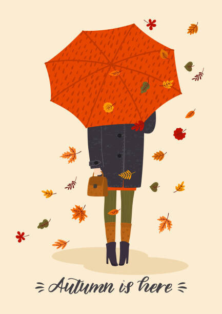 Nadezda_Grapes Plakát, Obraz - Autumn illustration with cute woman under umbrella. Vector design, Nadezda_Grapes, 30 × 40 cm