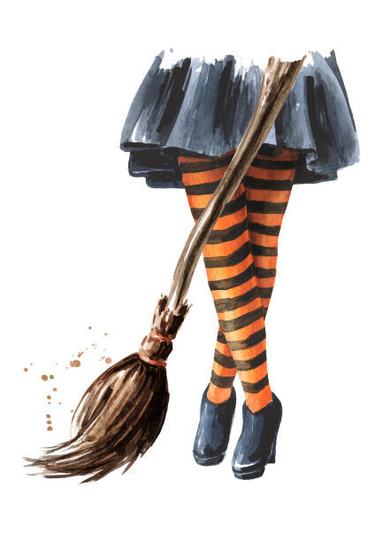 Daria Ustiugova Plakát, Obraz - Halloween witch. Legs in striped stockings and Broom. Hand drawn watercolor illustration, isolated on white background, Daria Ustiugova, 30 × 40 cm