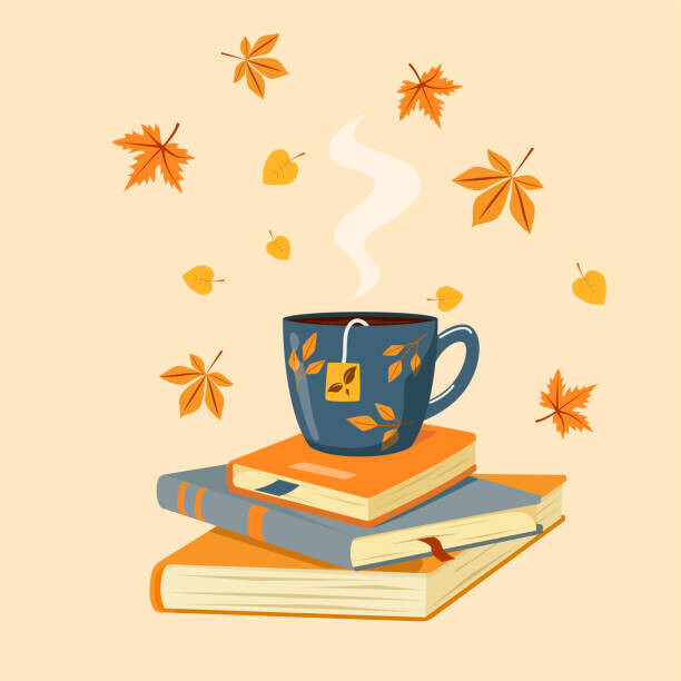 Irina Kuzmych Plakát, Obraz - Vector autumn illustration of a cup of hot tea on books with falling autumn leaves., Irina Kuzmych, 40 × 40 cm