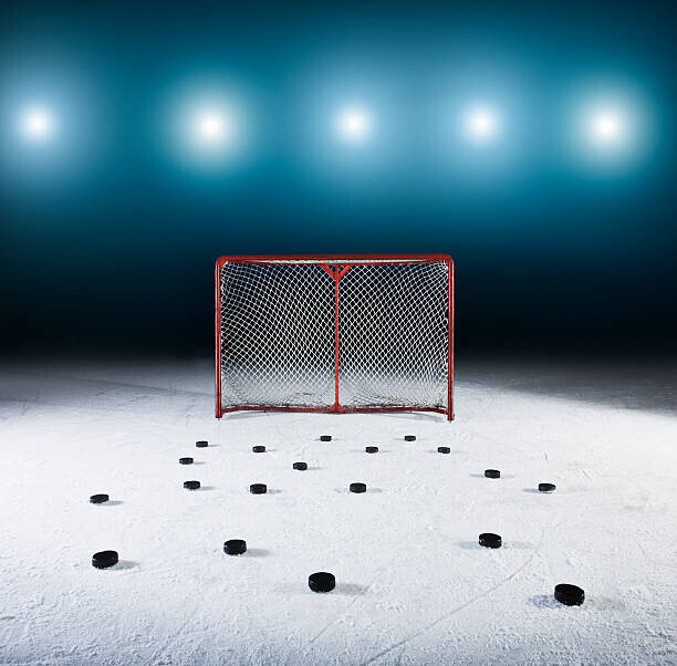 Robert Decelis Plakát, Obraz - Ice hockey goal surrounded by pucks., Robert Decelis, 40 × 40 cm