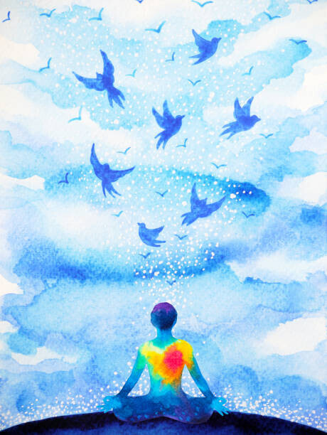 Benjavisa Plakát, Obraz - meditation human, flying birds in blue, Benjavisa, 30 × 40 cm