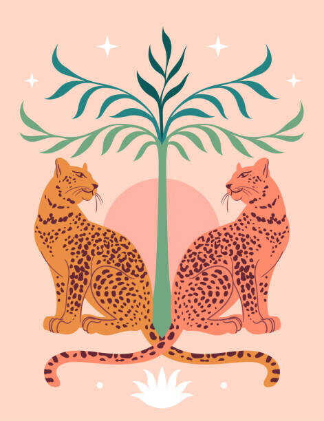Lera Danilova Plakát, Obraz - Cute Leopards, Sun, palm tree. Modern, Lera Danilova, 30 × 40 cm