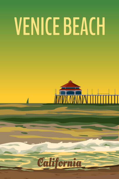 VectorUp Plakát, Obraz - Retro California Venice Beach travel poster sunset, VectorUp, 26.7 × 40 cm