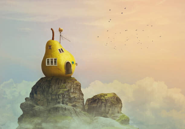 HiddenCatch Plakát, Obraz - Fantasy world, pear house on the, HiddenCatch, 40 × 26.7 cm