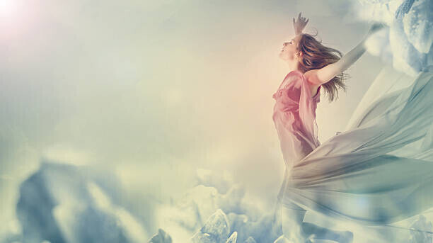 Melpomenem Plakát, Obraz - Beautiful woman jumping in a fantasy landscape, Melpomenem, 40 × 22.2 cm