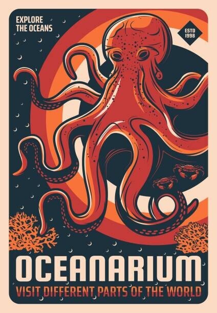 seamartini Plakát, Obraz - Octopus in oceanarium aquarium retro vector banner, seamartini, 26.7 × 40 cm