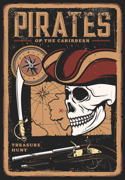 seamartini Plakát, Obraz - Pirates vintage poster, skull in hat, treasure map, seamartini, 26.7 × 40 cm