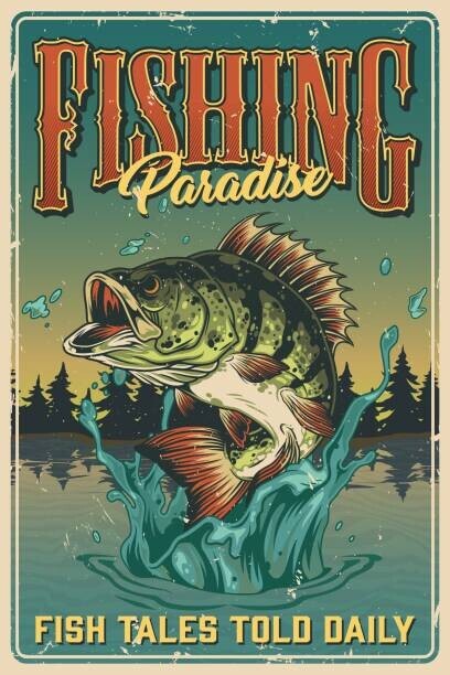 IMOGI Plakát, Obraz - Fishing vintage colorful poster, IMOGI, 26.7 × 40 cm