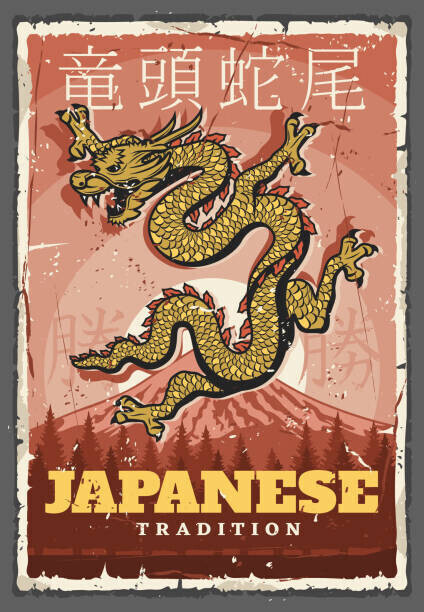 seamartini Plakát, Obraz - Japanese traditions, dragon and Fuji mount, seamartini, 26.7 × 40 cm