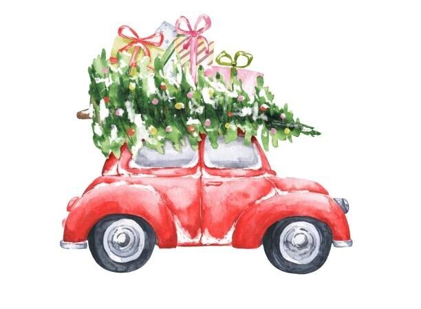 vector_ann Plakát, Obraz - Watercolor Christmas tree with red car, vector_ann, 40 × 30 cm